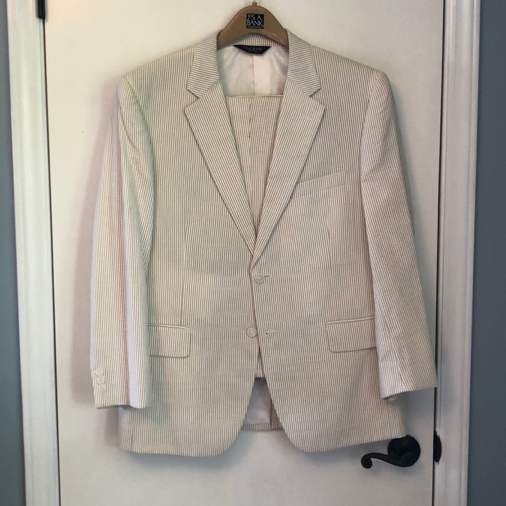 Jos A Bank tan seersucker suit